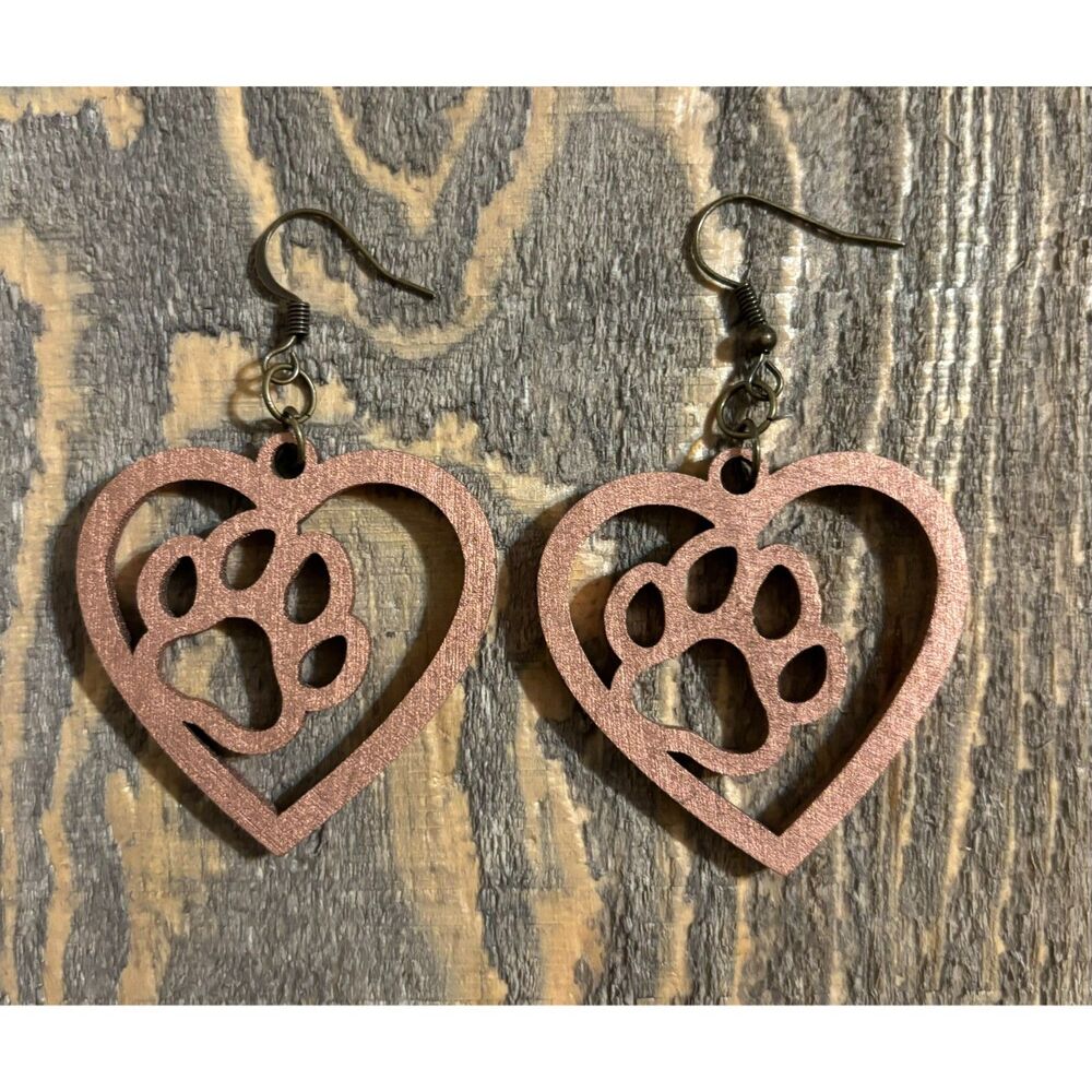 Wood Earrings - 1.5" x 1.5" - Paw in Heart - Copper - E089-08